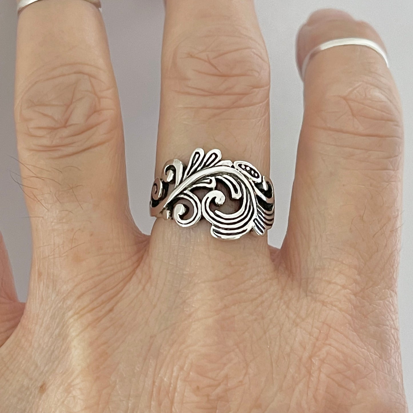 Sterling Silver Swirly Leaf Ring, Tree Ring, Swirl Silver Rings