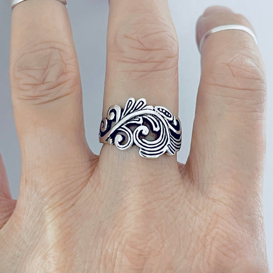 Sterling Silver Swirly Leaf Ring, Tree Ring, Swirl Leaves, Silver Rings