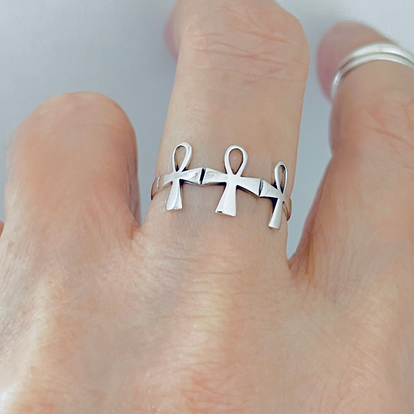 Sterling Silver Thin Delicate Triple Ankh Ring – Key of Life Dainty Cross Silver Rings