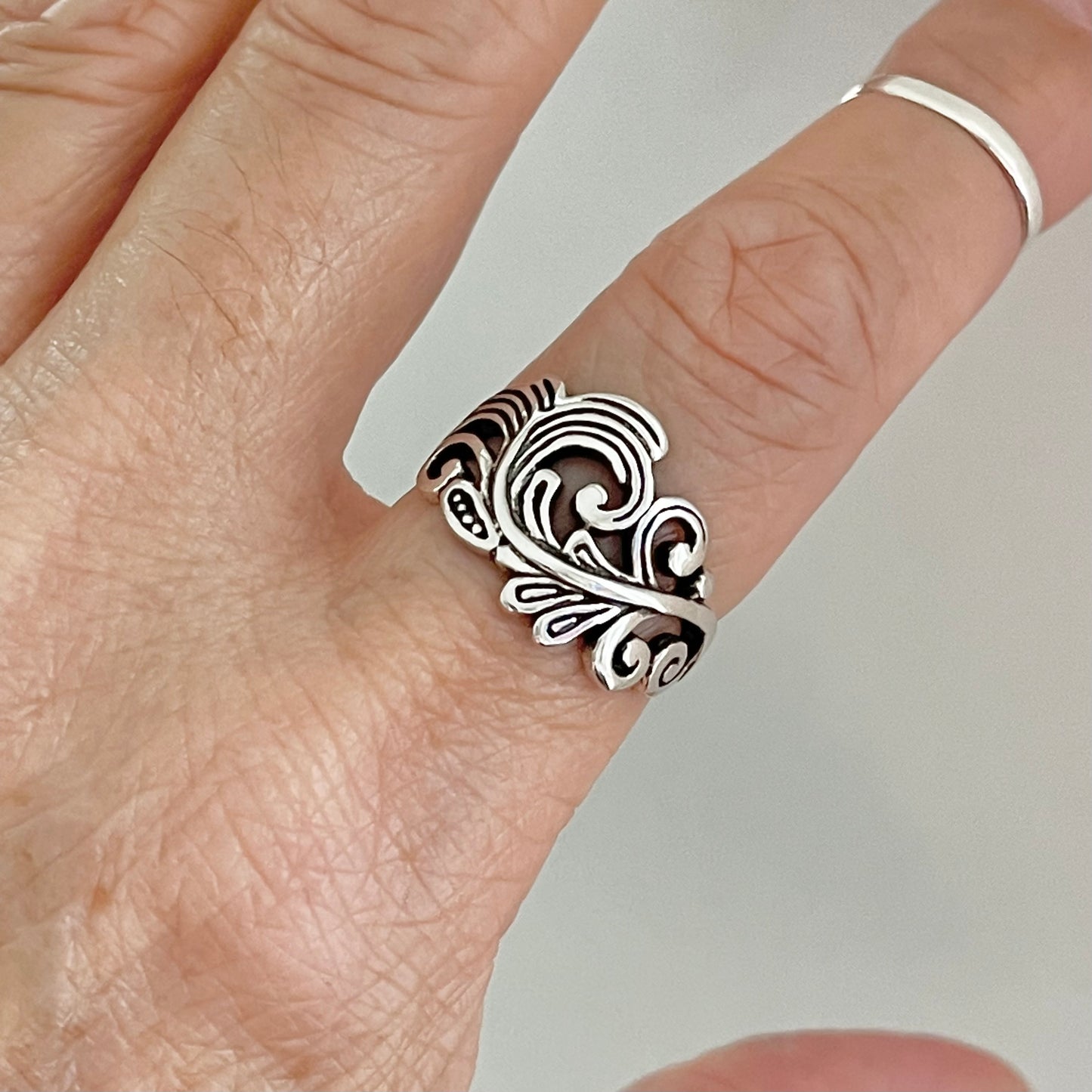 Sterling Silver Swirly Leaf Ring, Tree Ring, Swirl Silver Rings