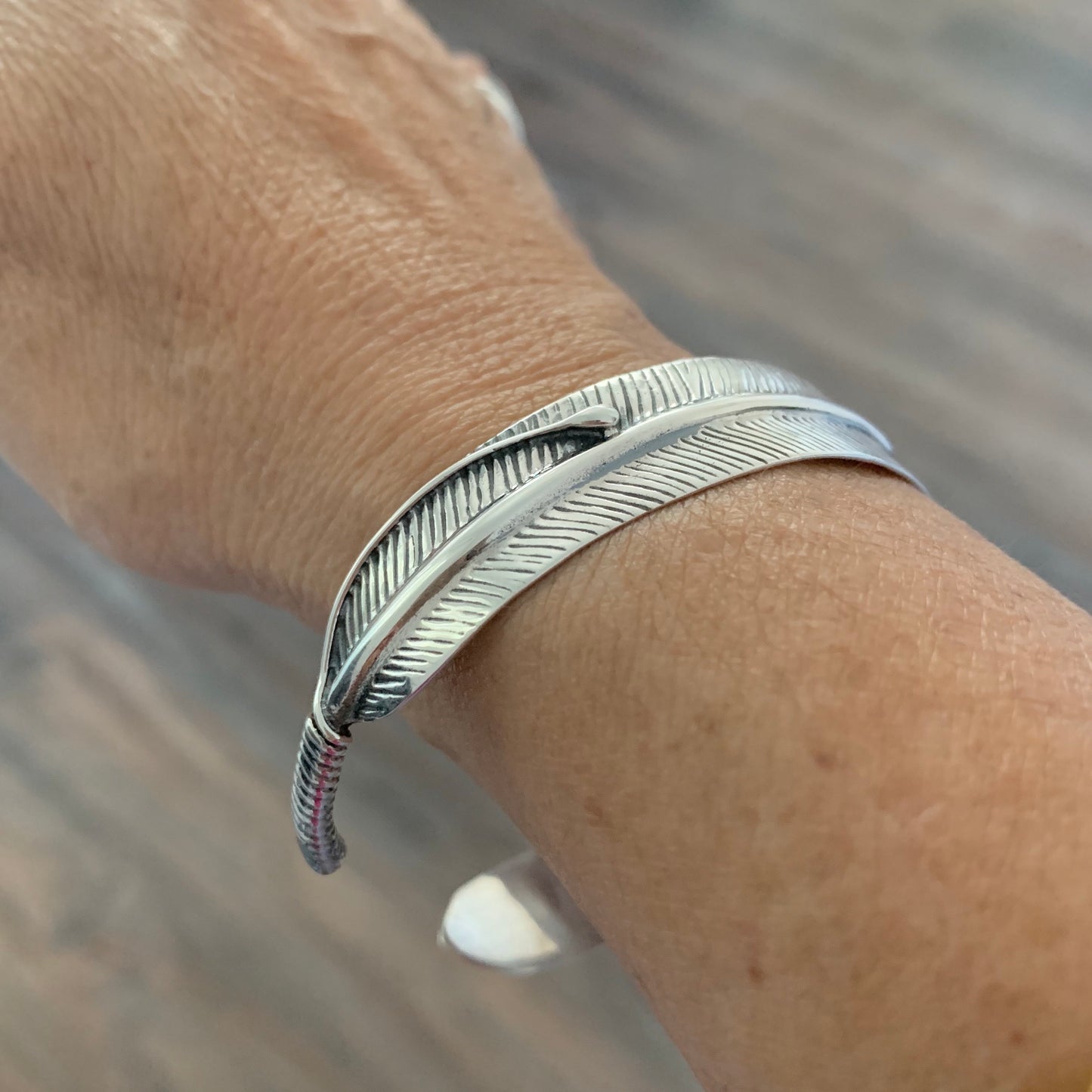 Sterling Silver Boho Statement Feather Bangle, Silver Bracelet