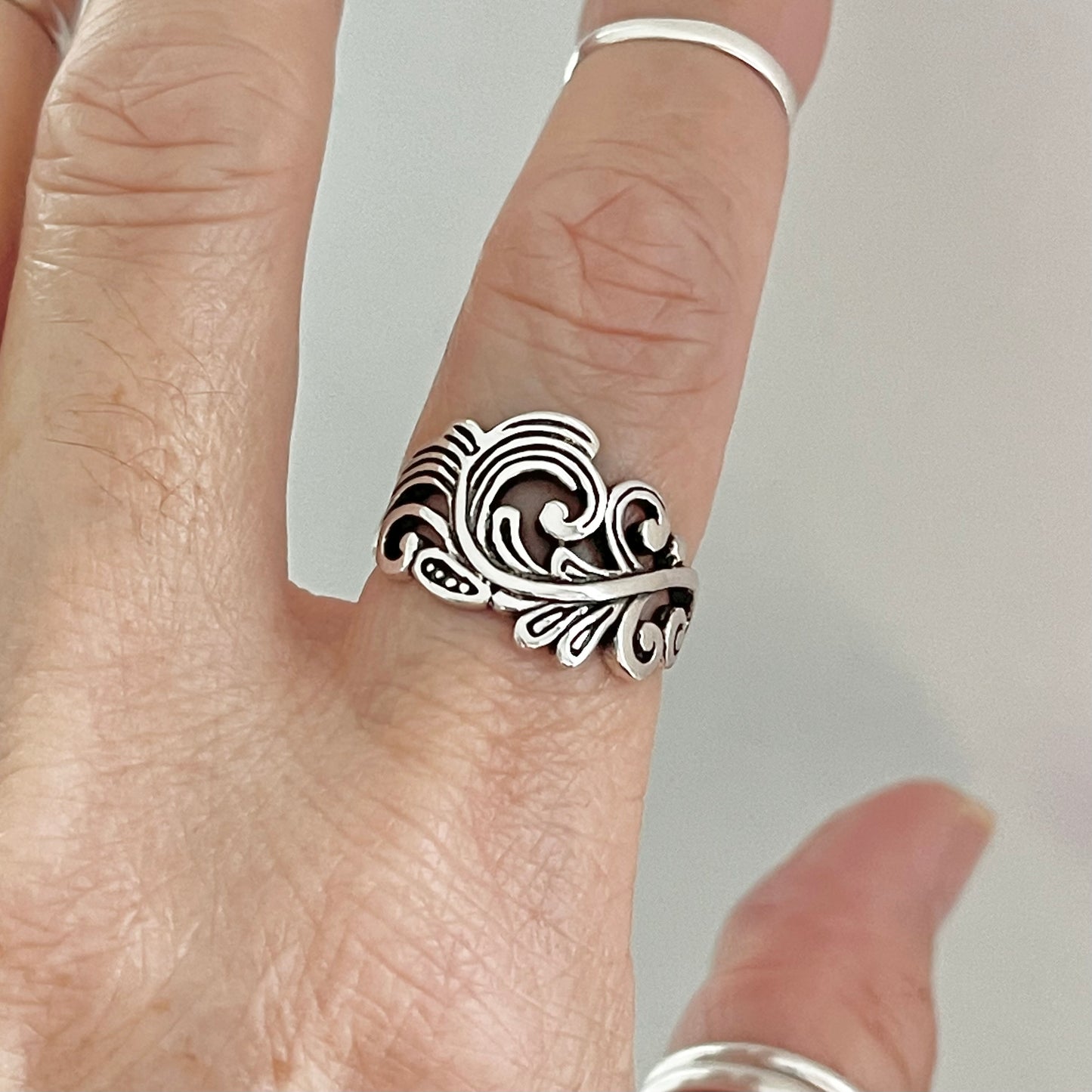 Sterling Silver Swirly Leaf Ring, Tree Ring, Swirl Silver Rings