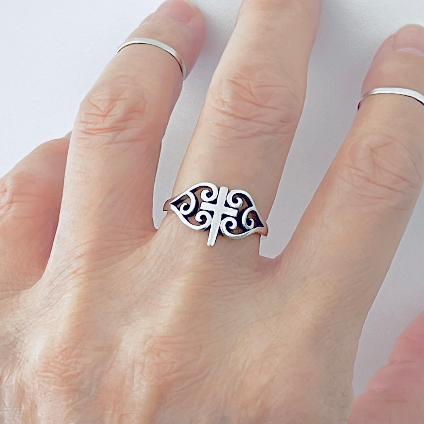 925 Sterling Silver Swirl Heart Cross Ring | Statement Religious Love Silver Rings