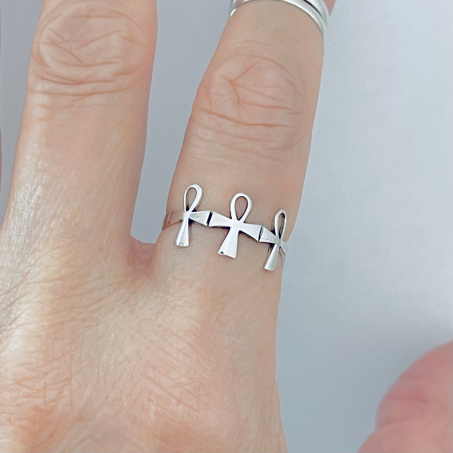 Sterling Silver Thin Delicate Triple Ankh Ring – Key of Life Dainty Cross Silver Rings