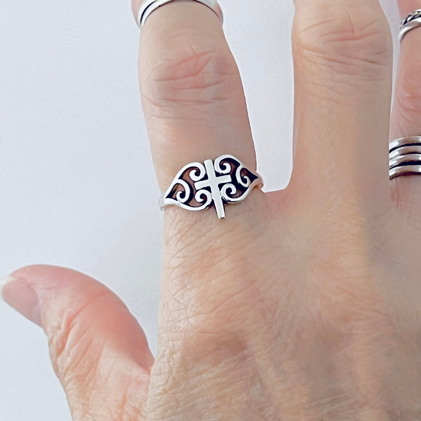 925 Sterling Silver Swirl Heart Cross Ring | Statement Religious Love Silver Rings