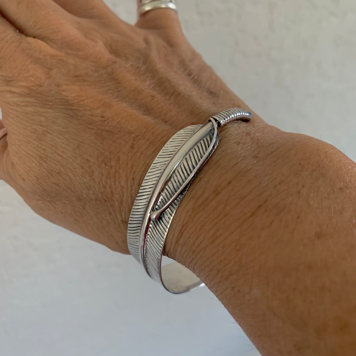 Sterling Silver Boho Statement Feather Bangle, Silver Bracelet