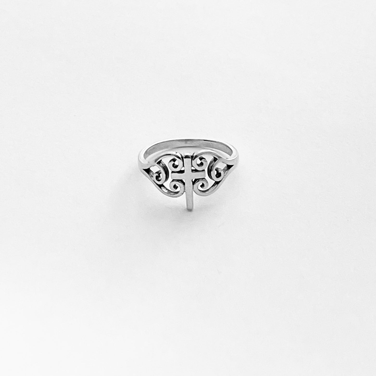925 Sterling Silver Swirl Heart Cross Ring | Statement Religious Love Silver Rings