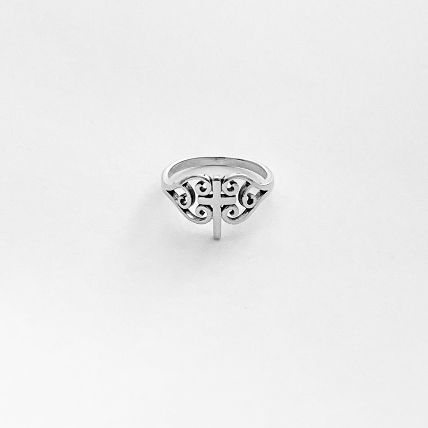 925 Sterling Silver Swirl Heart Cross Ring | Statement Religious Love Silver Rings