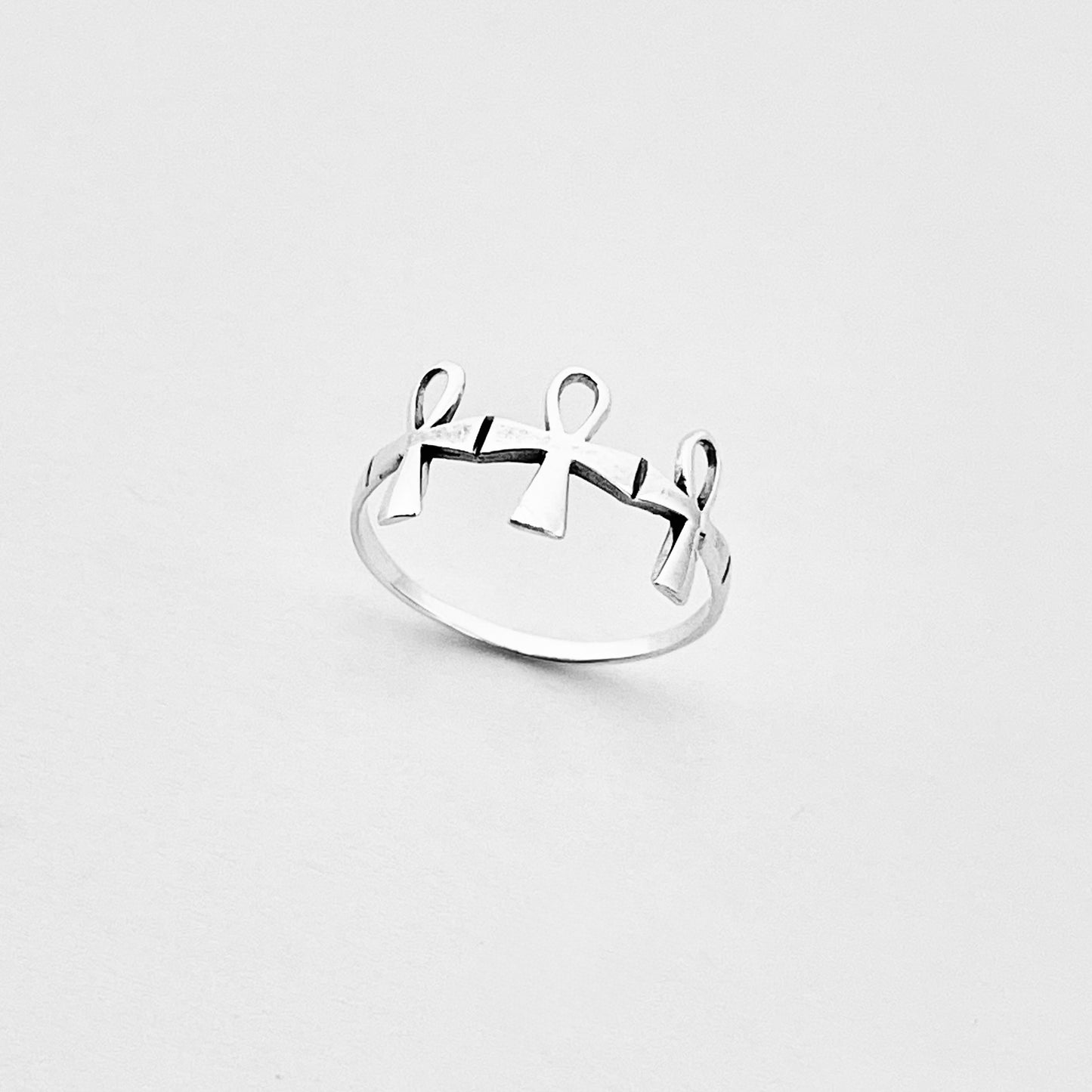Sterling Silver Thin Delicate Triple Ankh Ring – Key of Life Dainty Cross Silver Rings