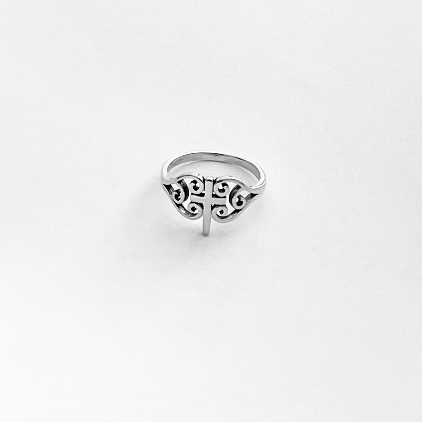 925 Sterling Silver Swirl Heart Cross Ring | Statement Religious Love Silver Rings