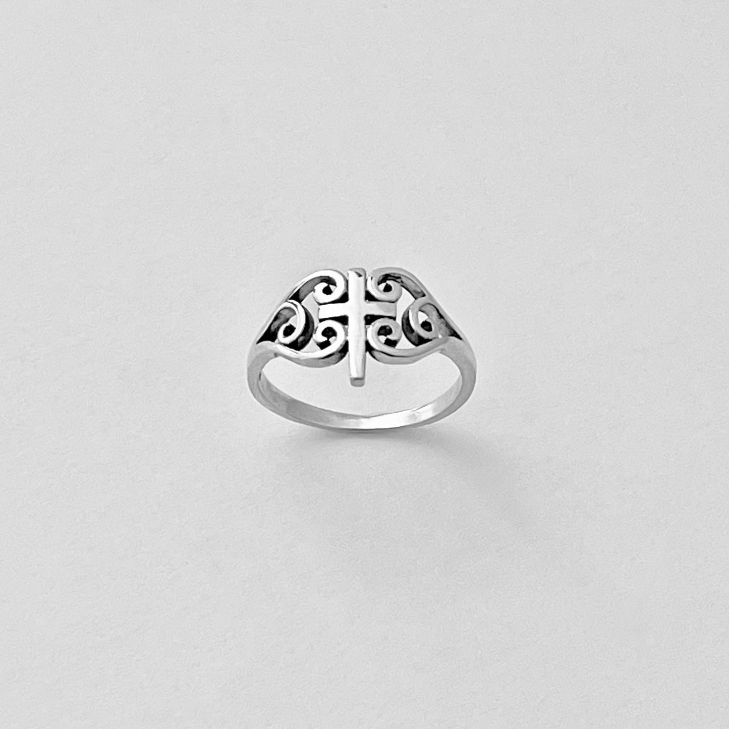 925 Sterling Silver Swirl Heart Cross Ring | Statement Religious Love Silver Rings