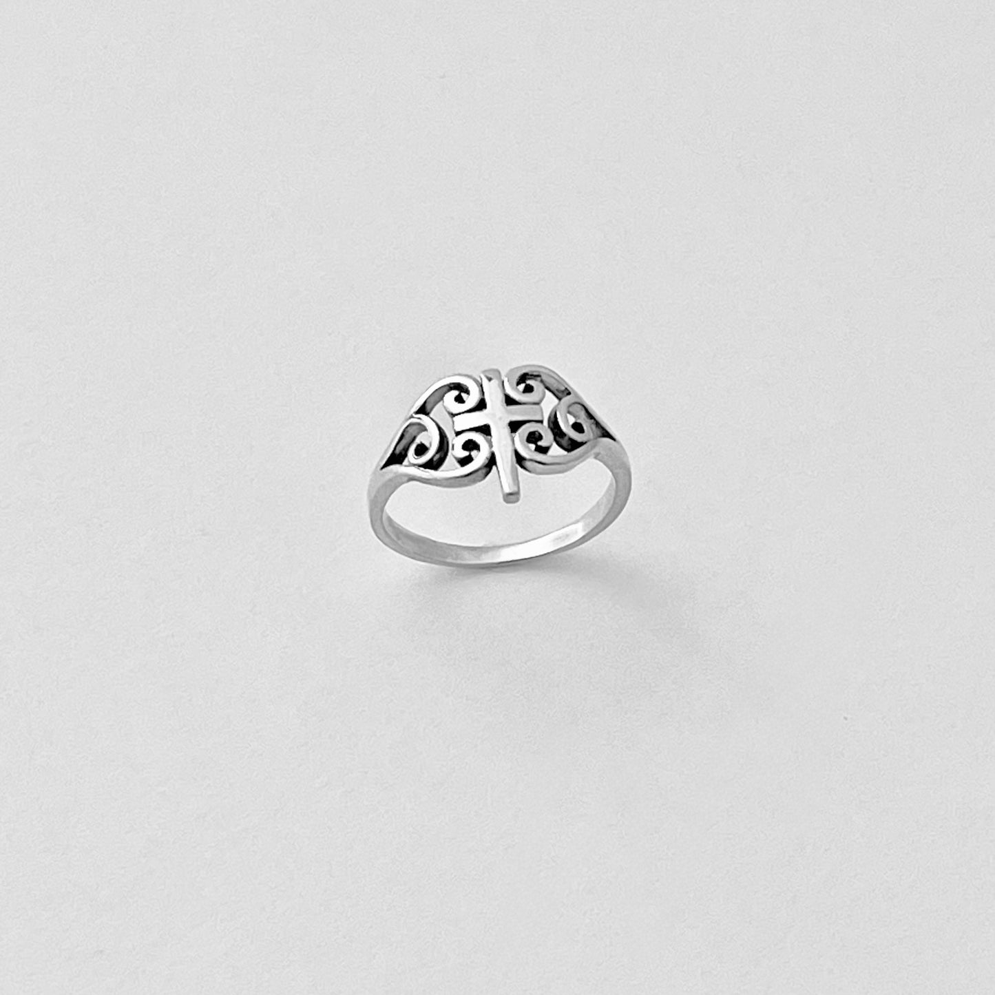 925 Sterling Silver Swirl Heart Cross Ring | Statement Religious Love Silver Rings