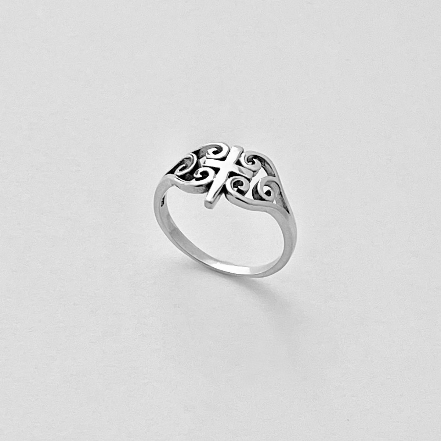 925 Sterling Silver Swirl Heart Cross Ring | Statement Religious Love Silver Rings