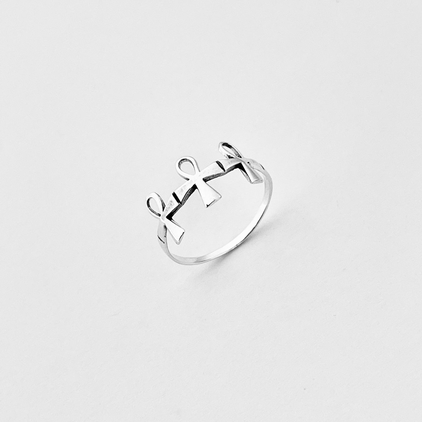 Sterling Silver Thin Delicate Triple Ankh Ring – Key of Life Dainty Cross Silver Rings