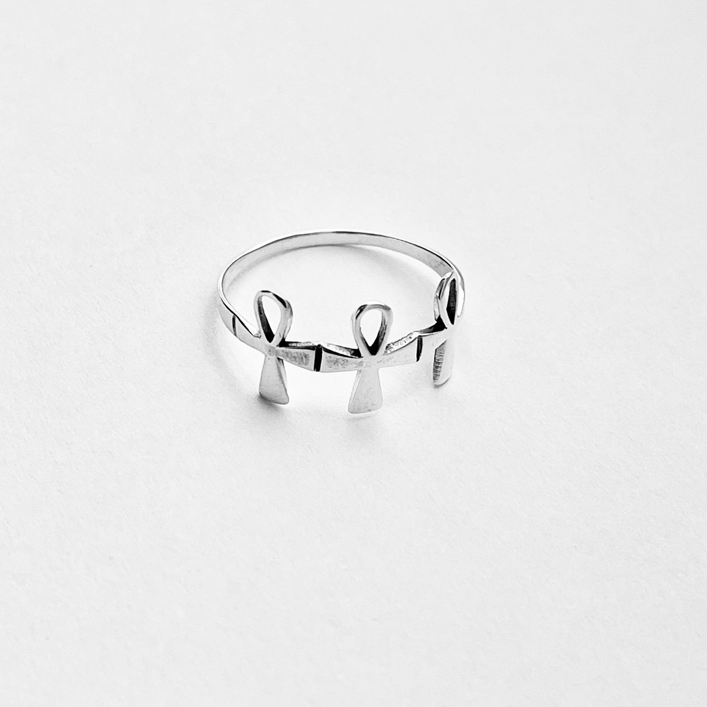Sterling Silver Thin Delicate Triple Ankh Ring – Key of Life Dainty Cross Silver Rings