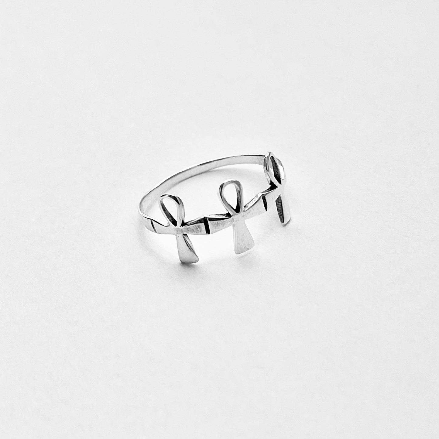 Sterling Silver Thin Delicate Triple Ankh Ring – Key of Life Dainty Cross Silver Rings