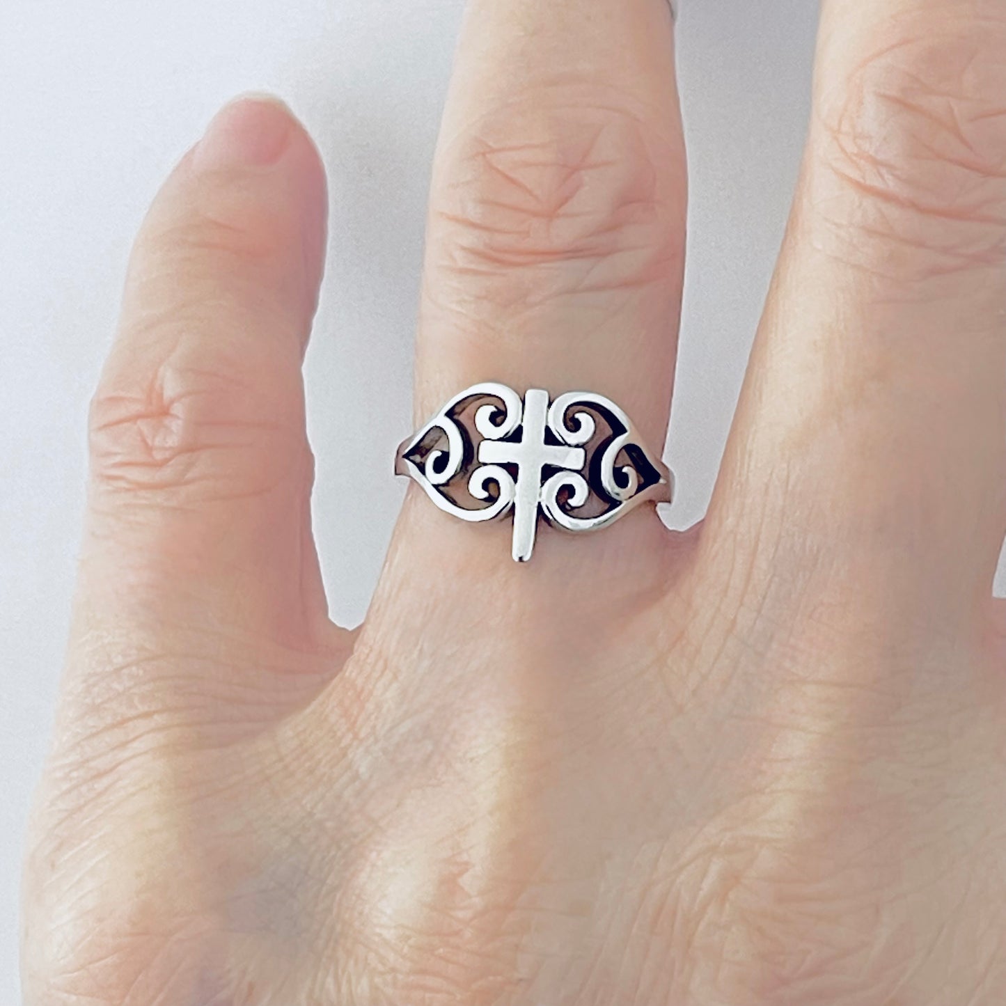925 Sterling Silver Swirl Heart Cross Ring | Statement Religious Love Silver Rings