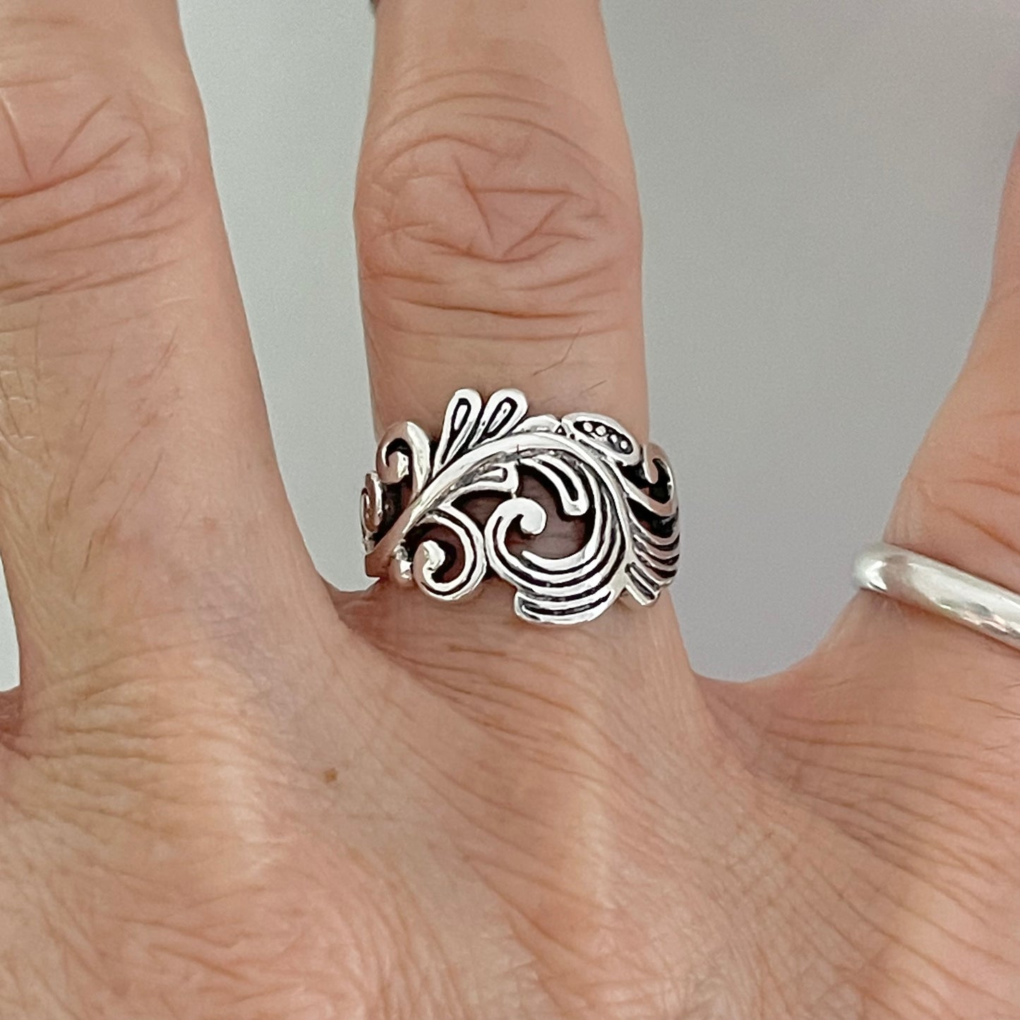 Sterling Silver Swirly Leaf Ring, Tree Ring, Swirl Silver Rings