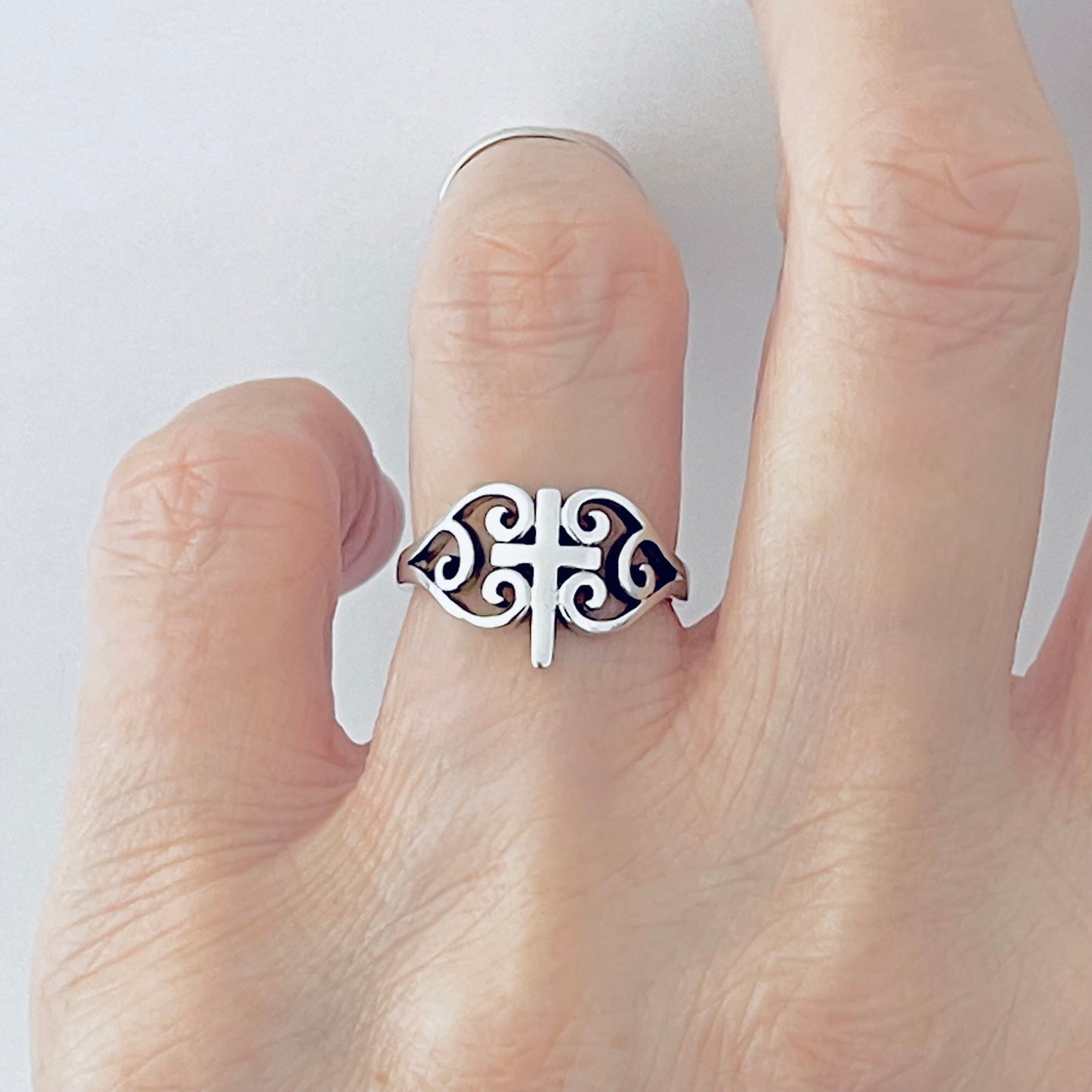 925 Sterling Silver Swirl Heart Cross Ring | Statement Religious Love Silver Rings