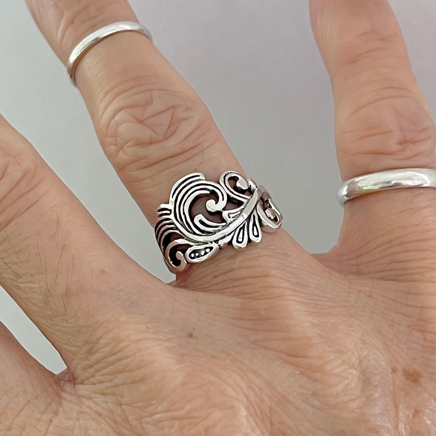 Sterling Silver Swirly Leaf Ring, Tree Ring, Swirl Silver Rings