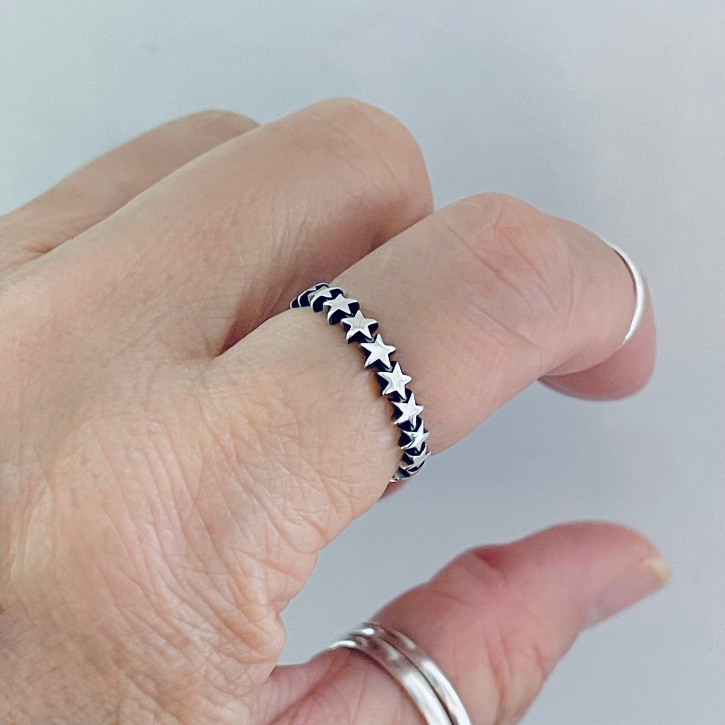 Sterling Silver Delicate Eternity Star Band Ring, Celestial Jewelry, Stackable Bands