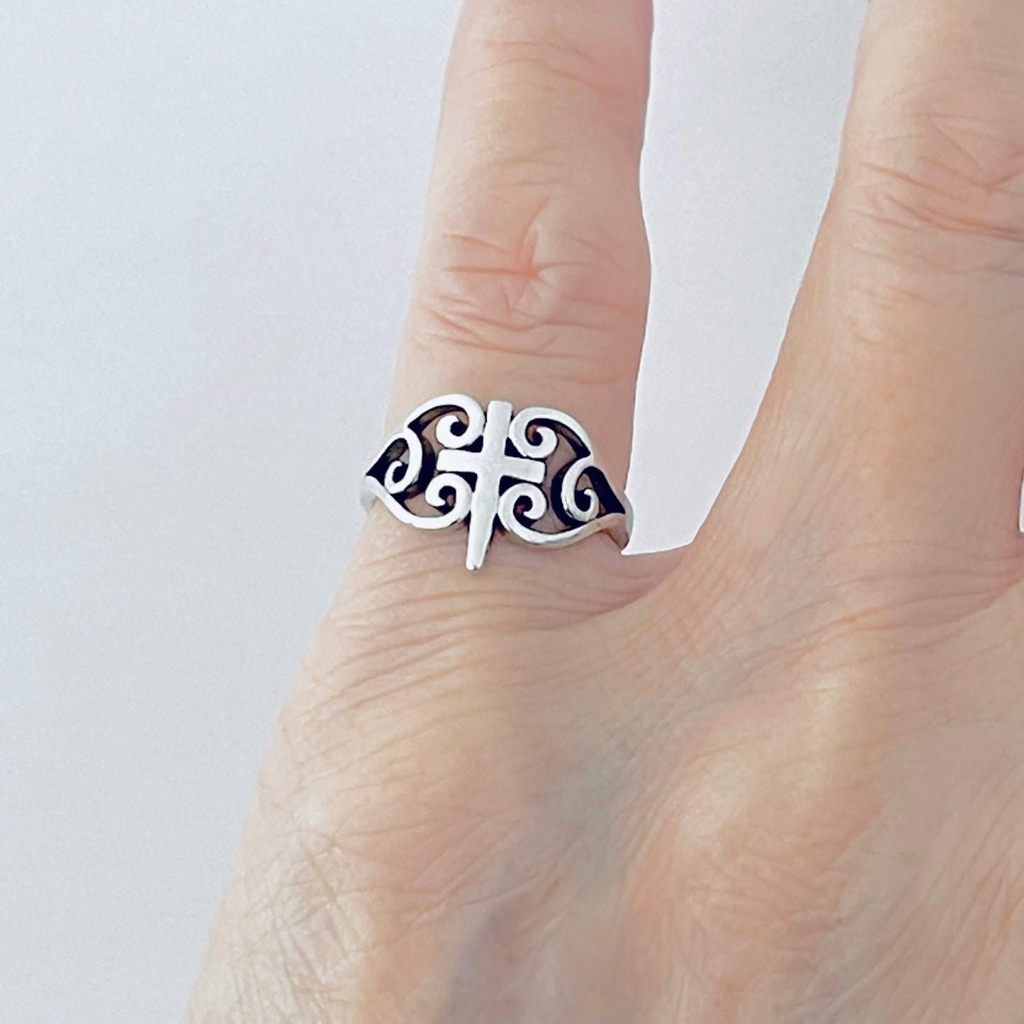 925 Sterling Silver Swirl Heart Cross Ring | Statement Religious Love Silver Rings