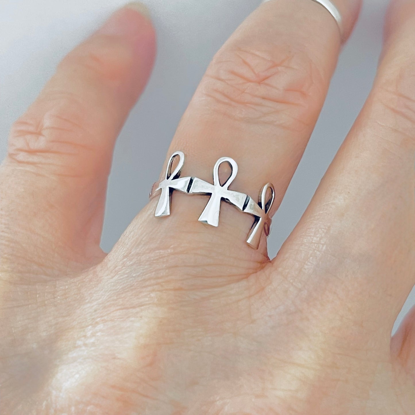 Sterling Silver Thin Delicate Triple Ankh Ring – Key of Life Dainty Cross Silver Rings