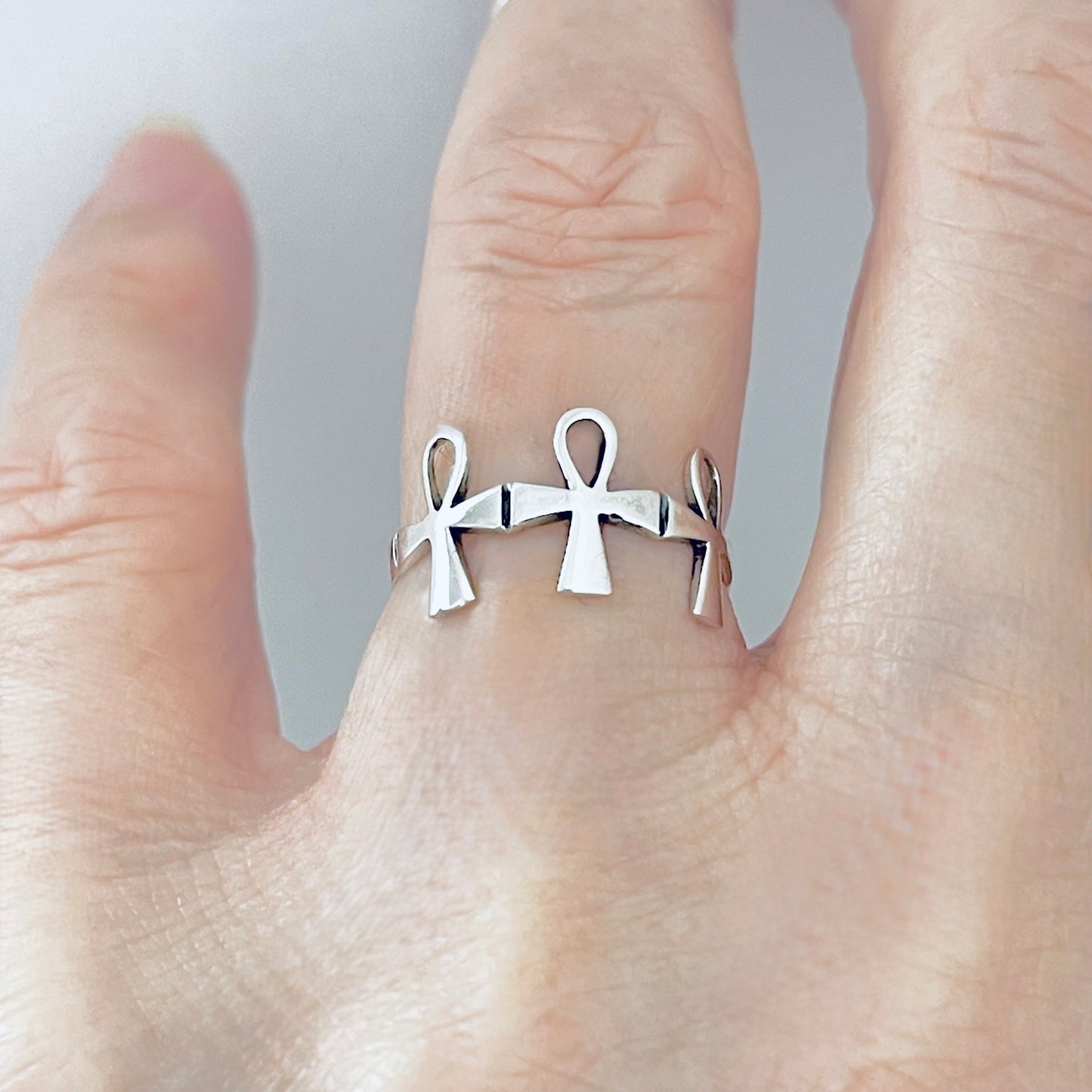 Sterling Silver Thin Delicate Triple Ankh Ring – Key of Life Dainty Cross Silver Rings