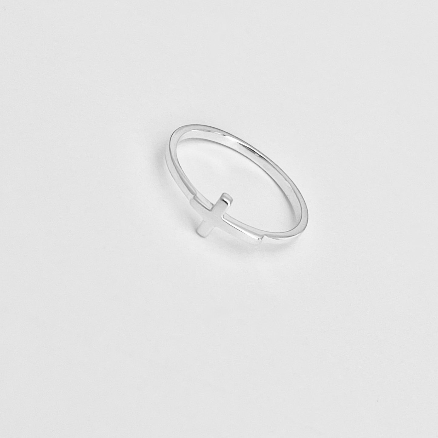 Sterling Silver Small High Polish Sideway Cross Ring, Minimalist Religious Jewelry