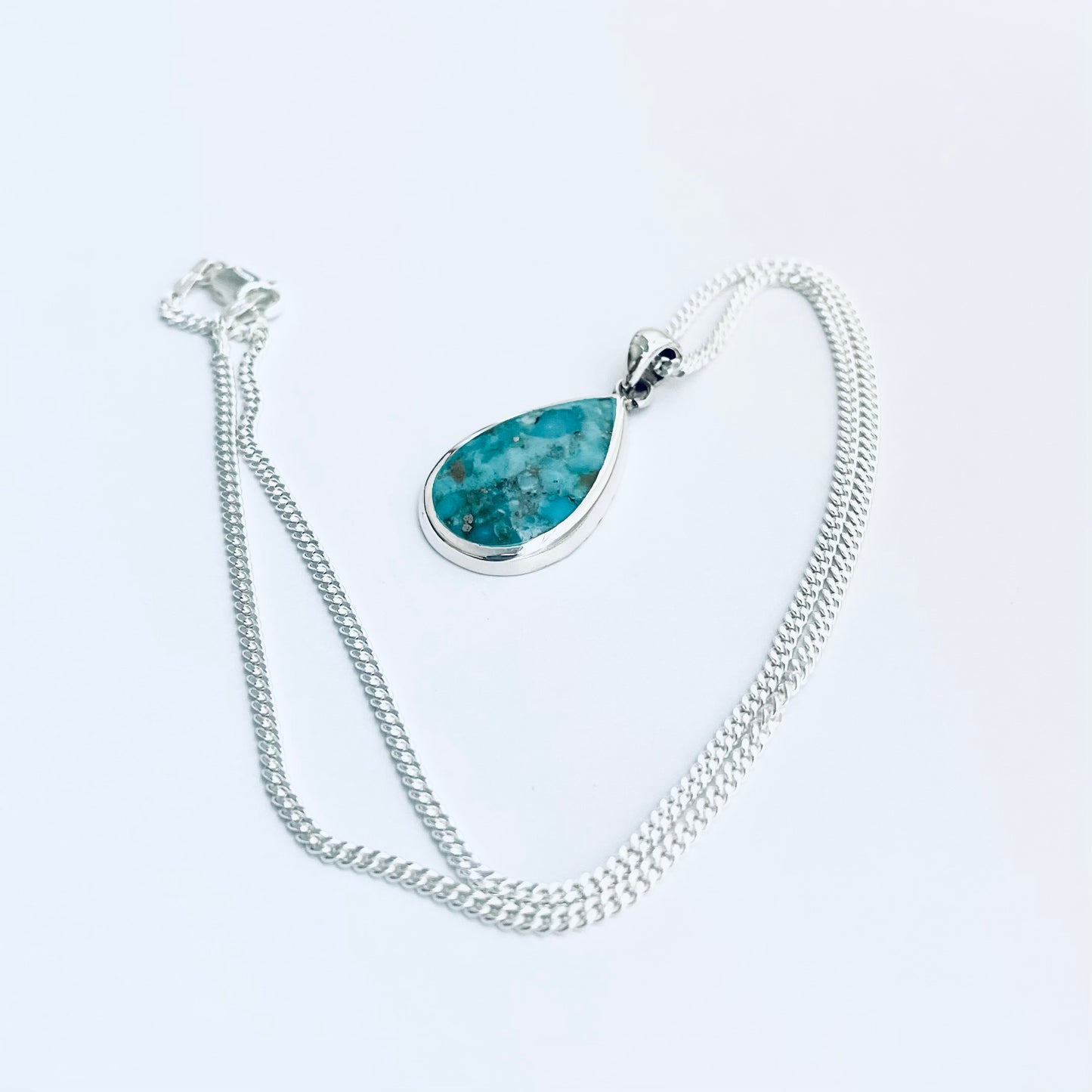 Sterling Silver Large Teardrop Turquoise Necklace | Pear Shape Stone Silver Pendant Chain