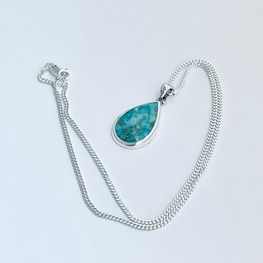 Sterling Silver Large Teardrop Genuine Turquoise Necklace, Pear Shape Silver Necklaces, Stone Chains
