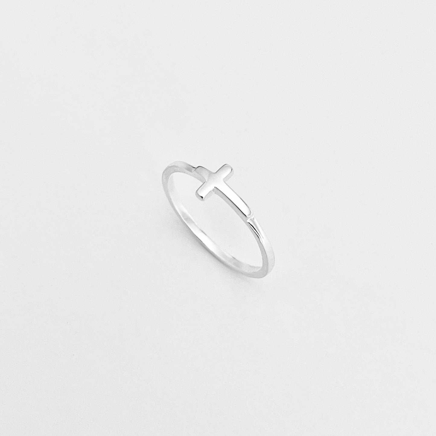 Sterling Silver Small High Polish Sideway Cross Ring, Minimalist Religious Jewelry