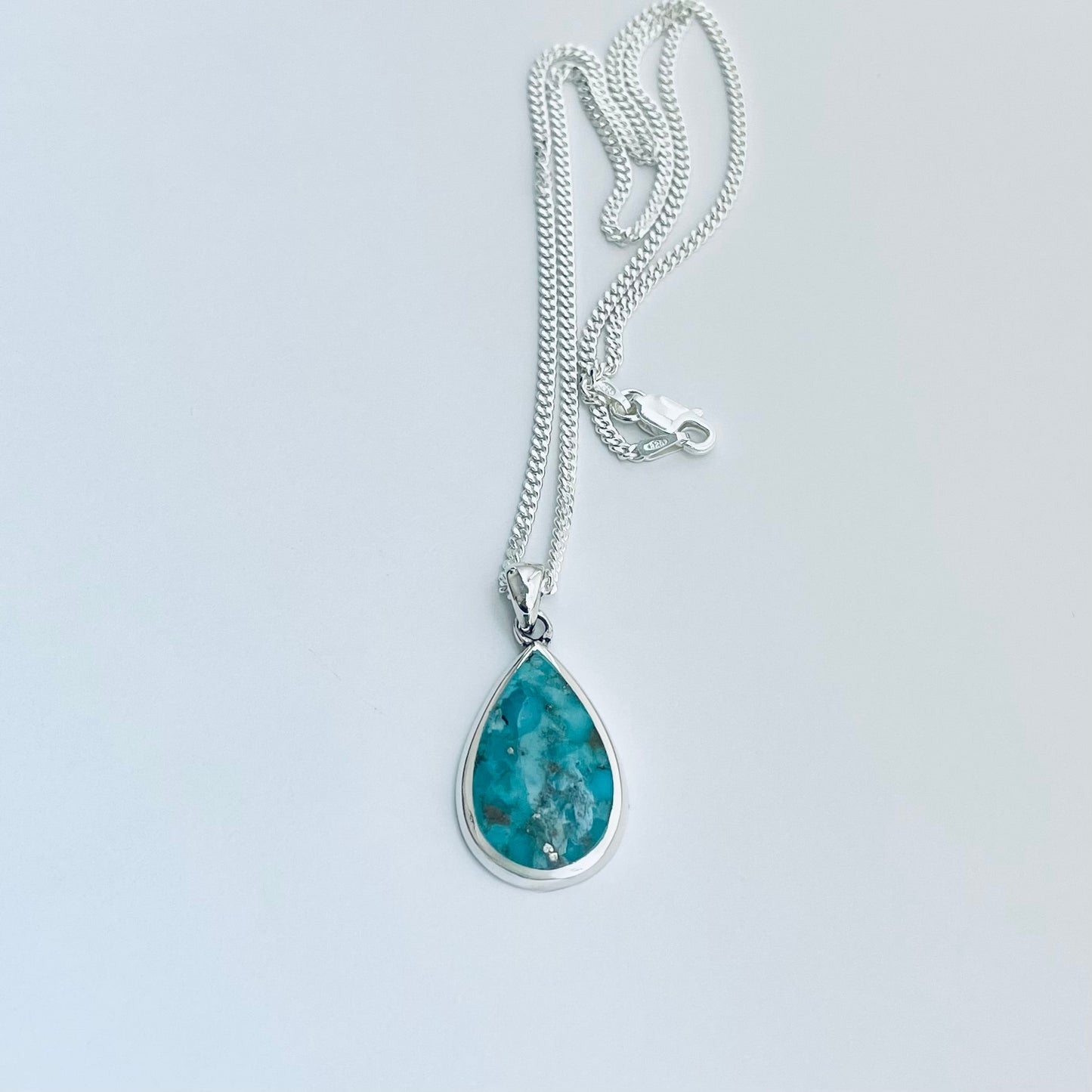 Sterling Silver Large Teardrop Genuine Turquoise Necklace, Pear Shape Silver Necklaces, Stone Chains