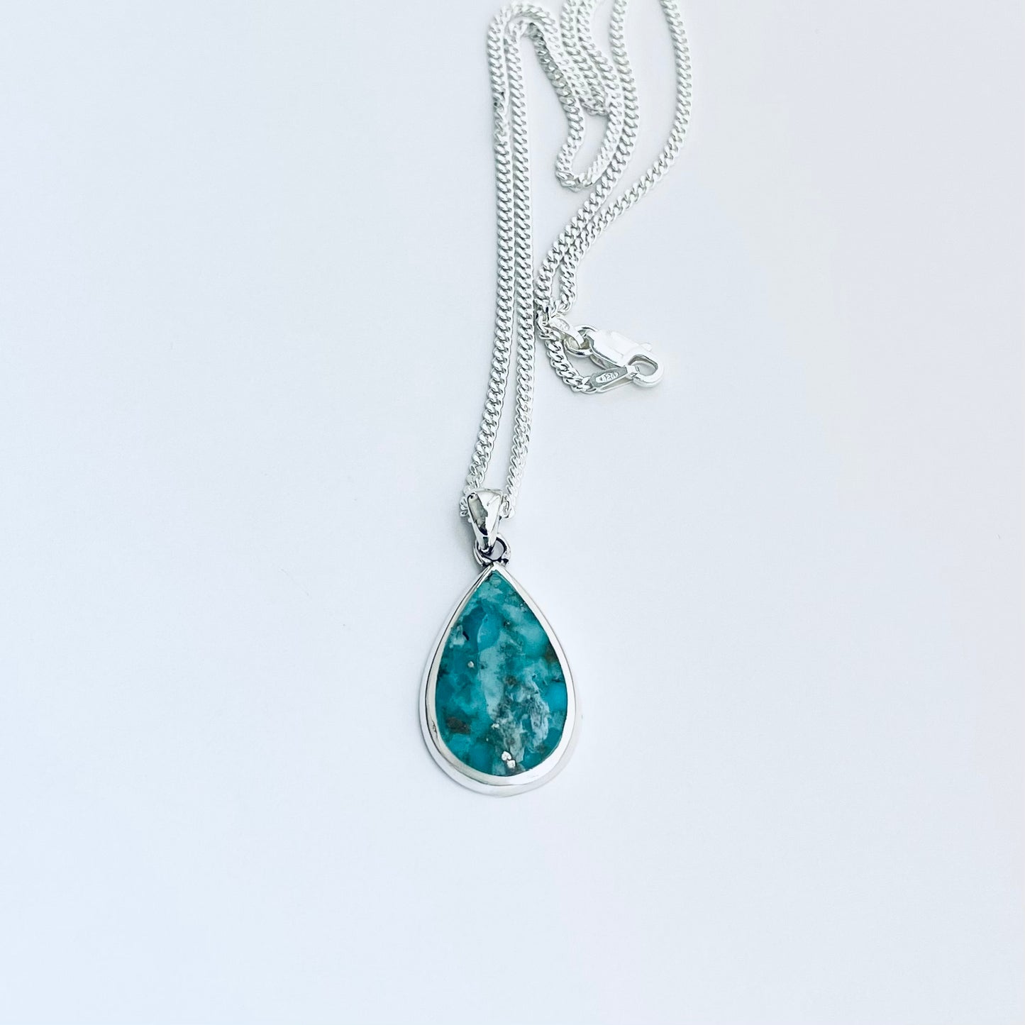 Sterling Silver Large Teardrop Turquoise Necklace | Pear Shape Stone Silver Pendant Chain