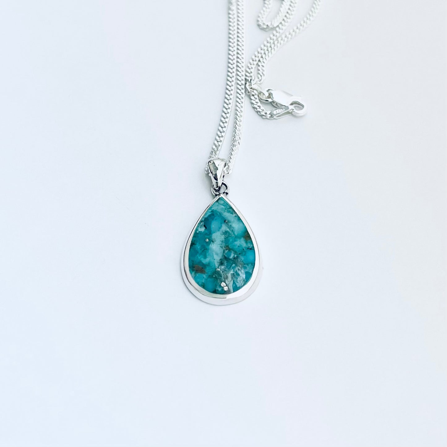 Sterling Silver Large Teardrop Turquoise Necklace | Pear Shape Stone Silver Pendant Chain