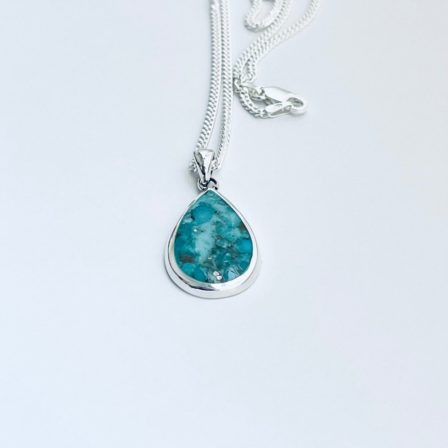 Sterling Silver Large Teardrop Turquoise Necklace | Pear Shape Stone Silver Pendant Chain