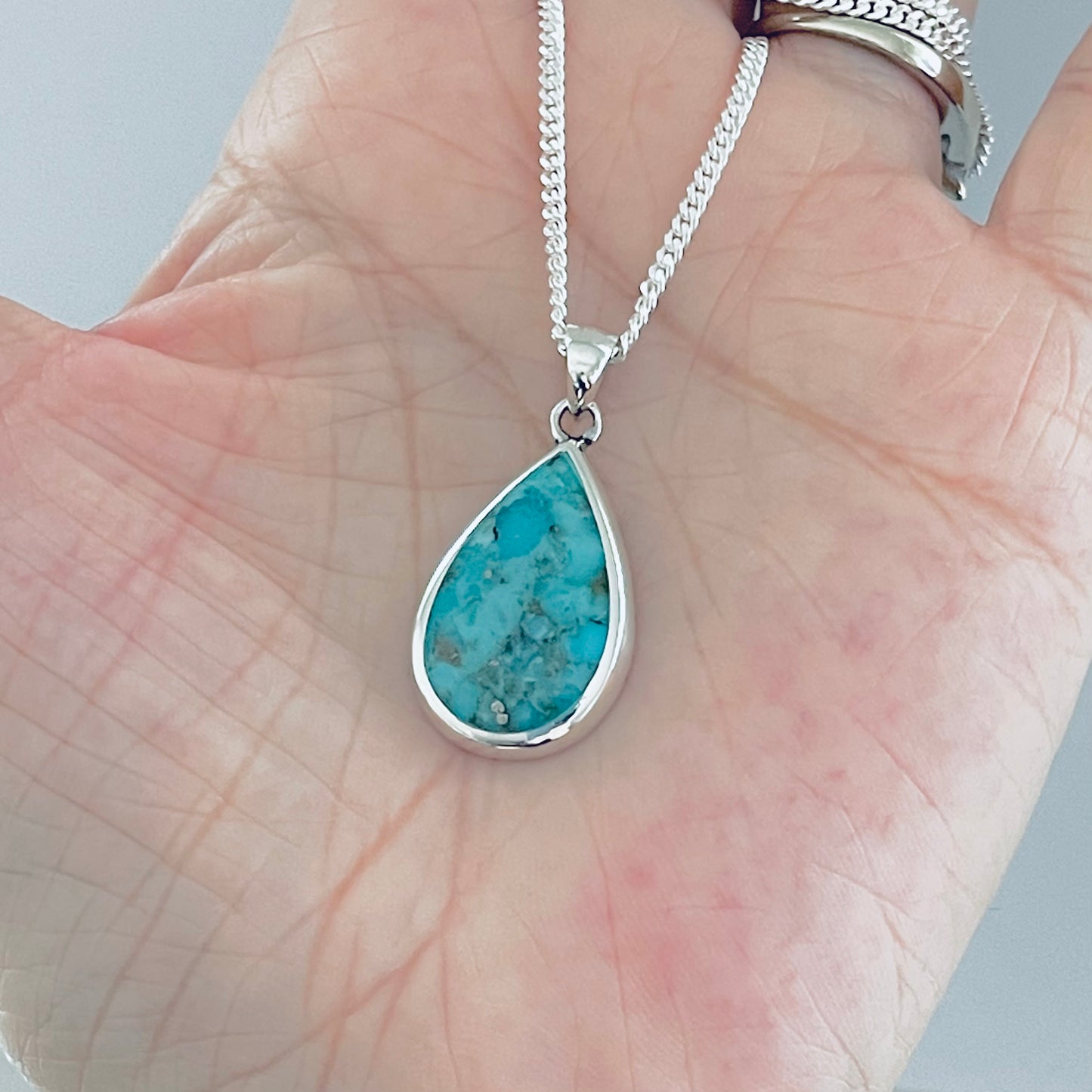 Sterling Silver Large Teardrop Turquoise Necklace | Pear Shape Stone Silver Pendant Chain