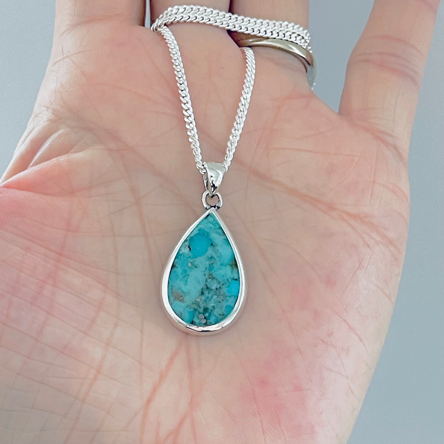 Sterling Silver Large Teardrop Turquoise Necklace | Pear Shape Stone Silver Pendant Chain