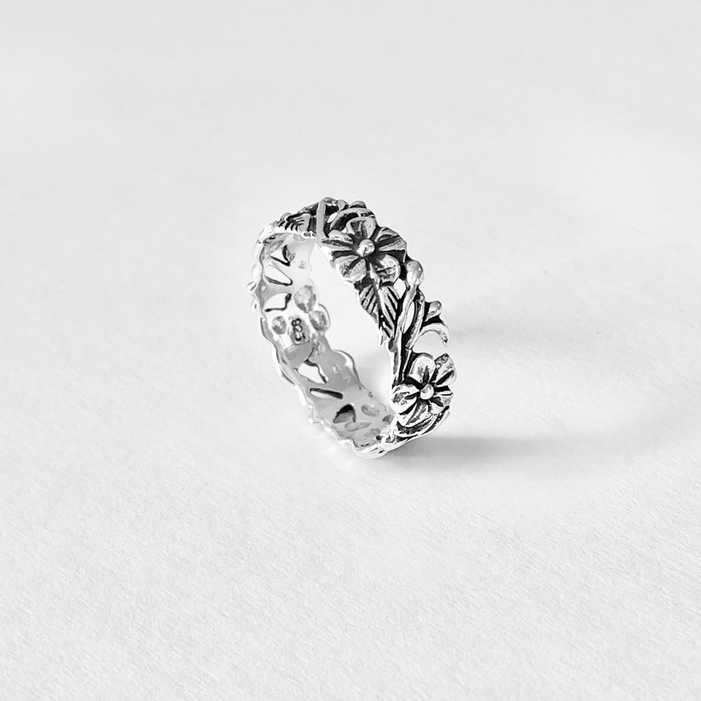 Sterling Silver Delicate Plumeria Flower and Leaf Band Ring, Hawaii Flowers, Silver Bands