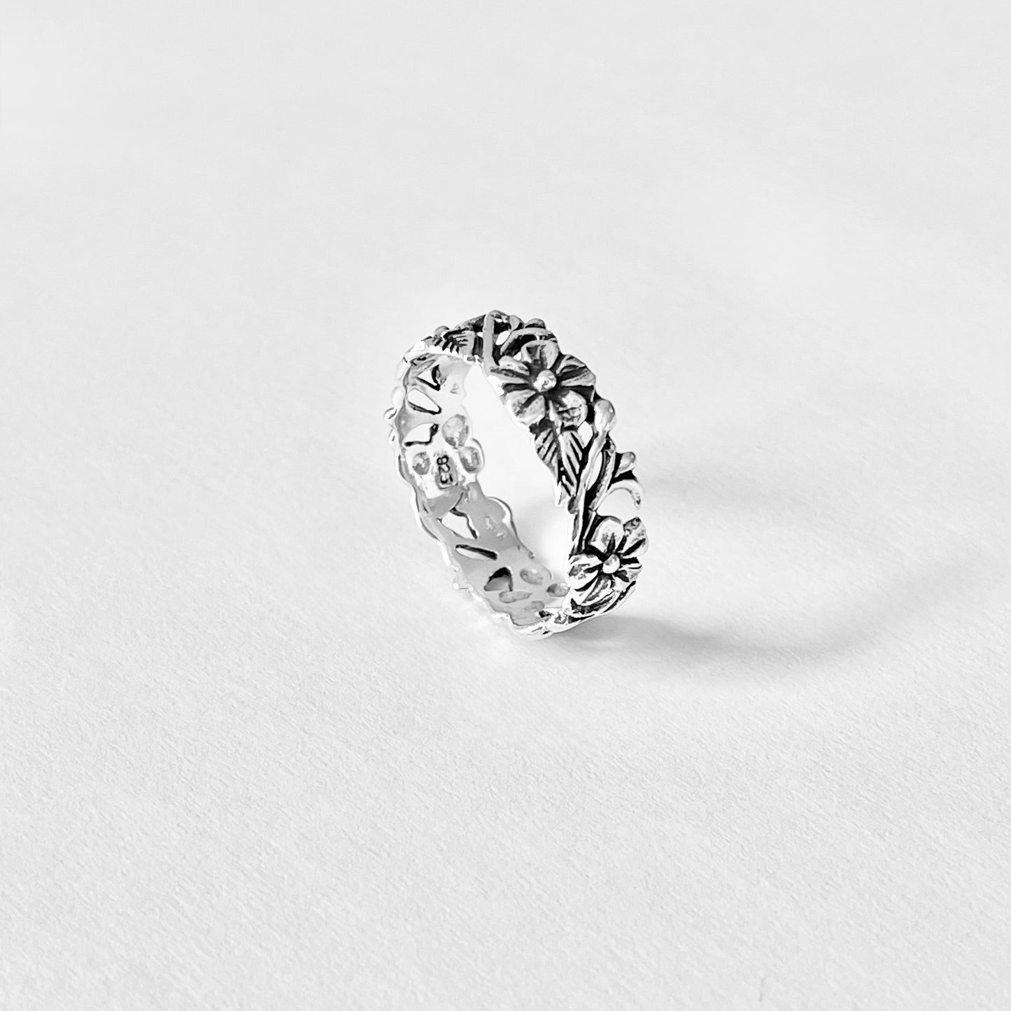 Sterling Silver Delicate Plumeria Flower and Leaf Band Ring, Hawaii Flowers, Silver Bands