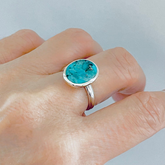 925 Sterling Silver Oval Solitaire Genuine Turquoise Ring | Boho Statement Jewelry