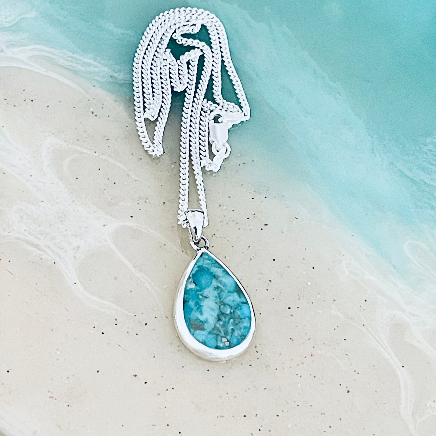 Sterling Silver Large Teardrop Turquoise Necklace | Pear Shape Stone Silver Pendant Chain