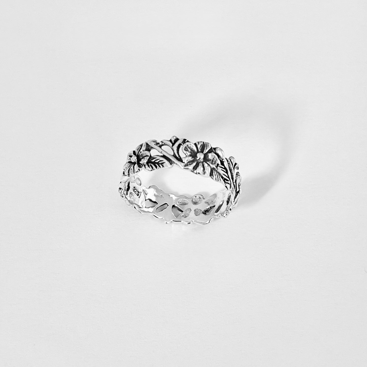 Sterling Silver Delicate Plumeria Flower and Leaf Band Ring, Hawaii Flowers, Silver Bands