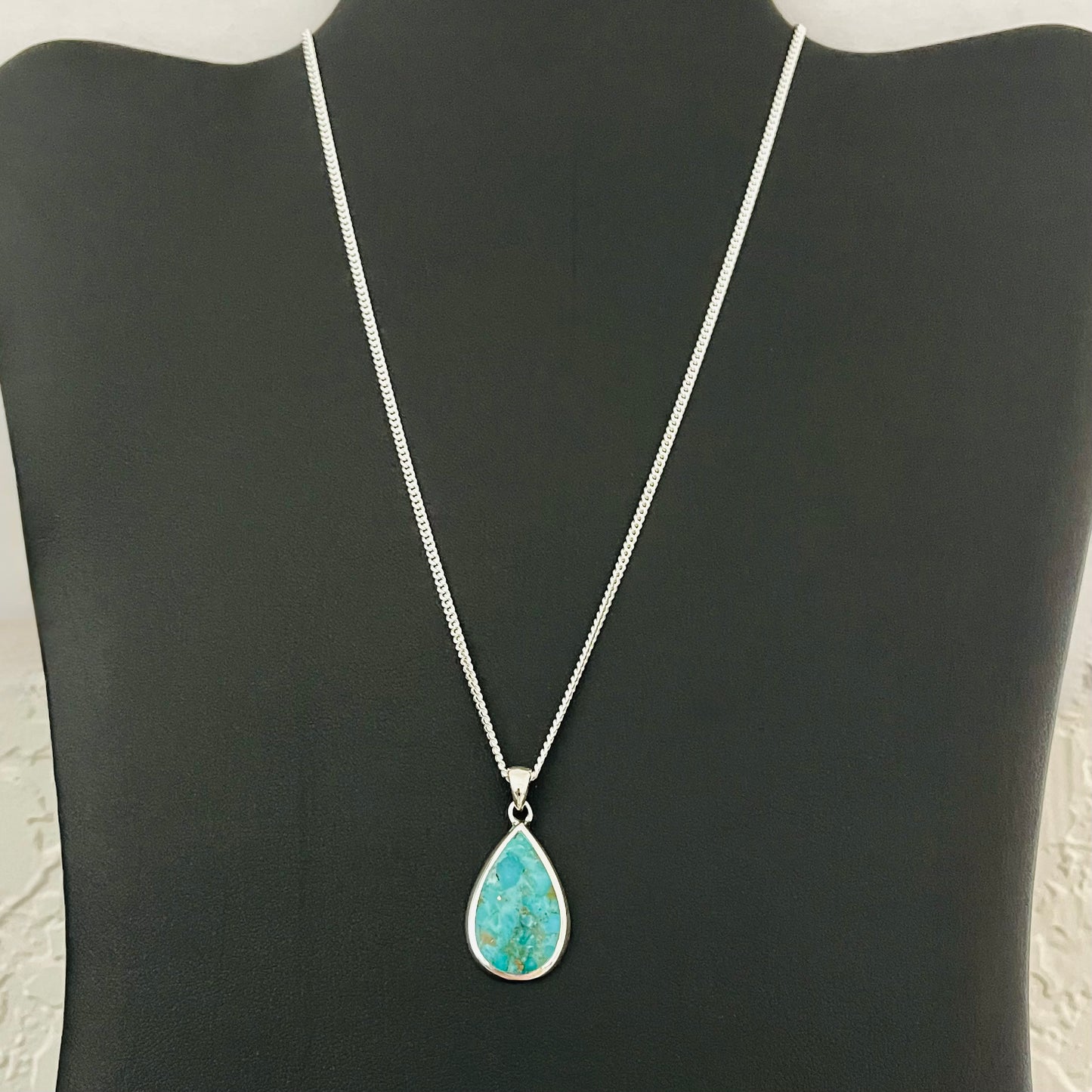 Sterling Silver Large Teardrop Turquoise Necklace | Pear Shape Stone Silver Pendant Chain