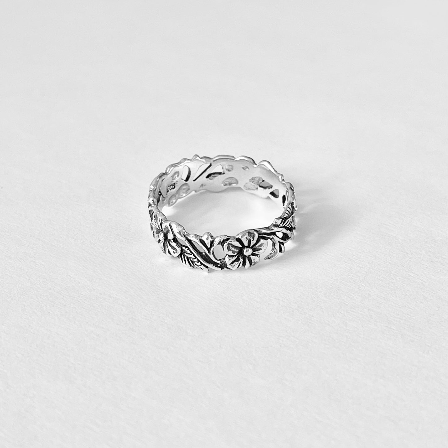 Sterling Silver Delicate Plumeria Flower and Leaf Band Ring, Hawaii Flowers, Silver Bands