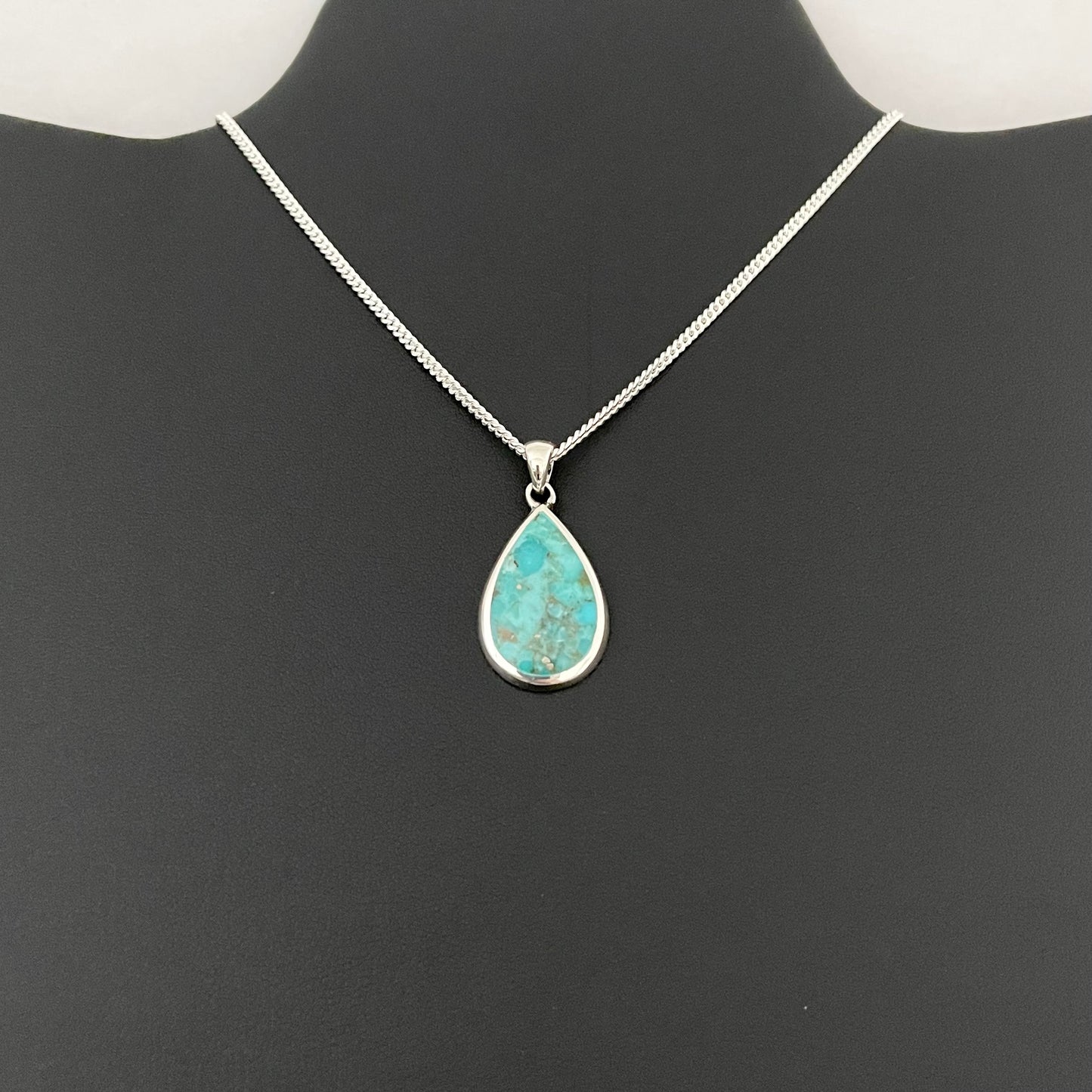 Sterling Silver Large Teardrop Turquoise Necklace | Pear Shape Stone Silver Pendant Chain