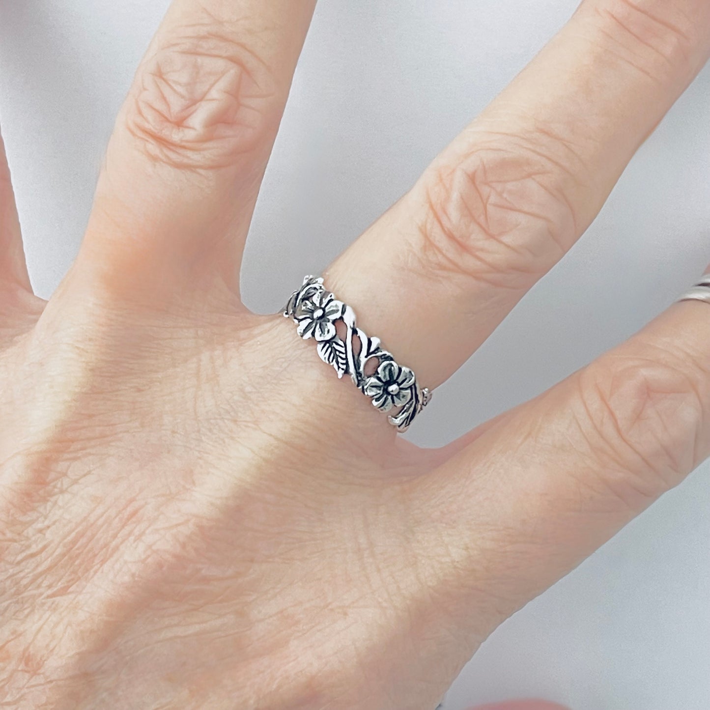 Sterling Silver Delicate Plumeria Flower and Leaf Band Ring, Hawaii Flowers, Silver Bands