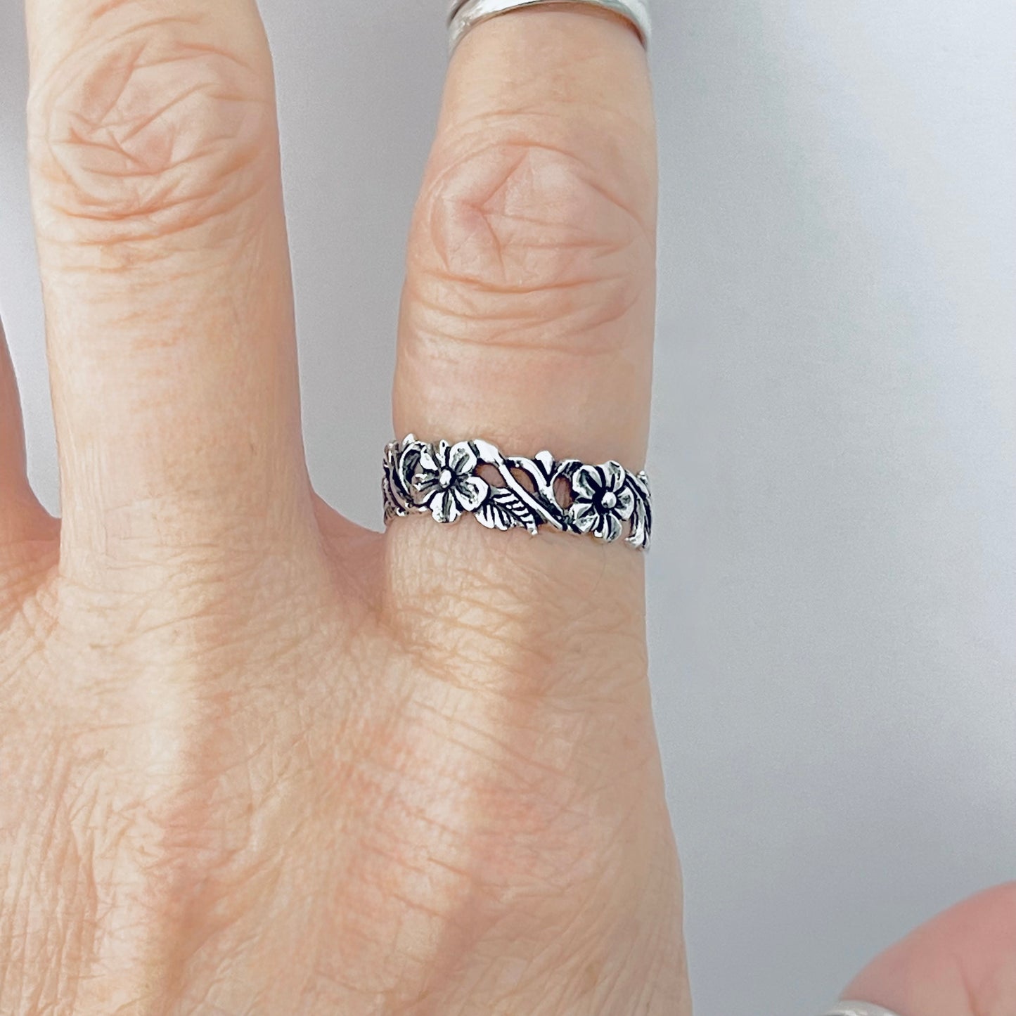 Sterling Silver Delicate Plumeria Flower and Leaf Band Ring, Hawaii Flowers, Silver Bands