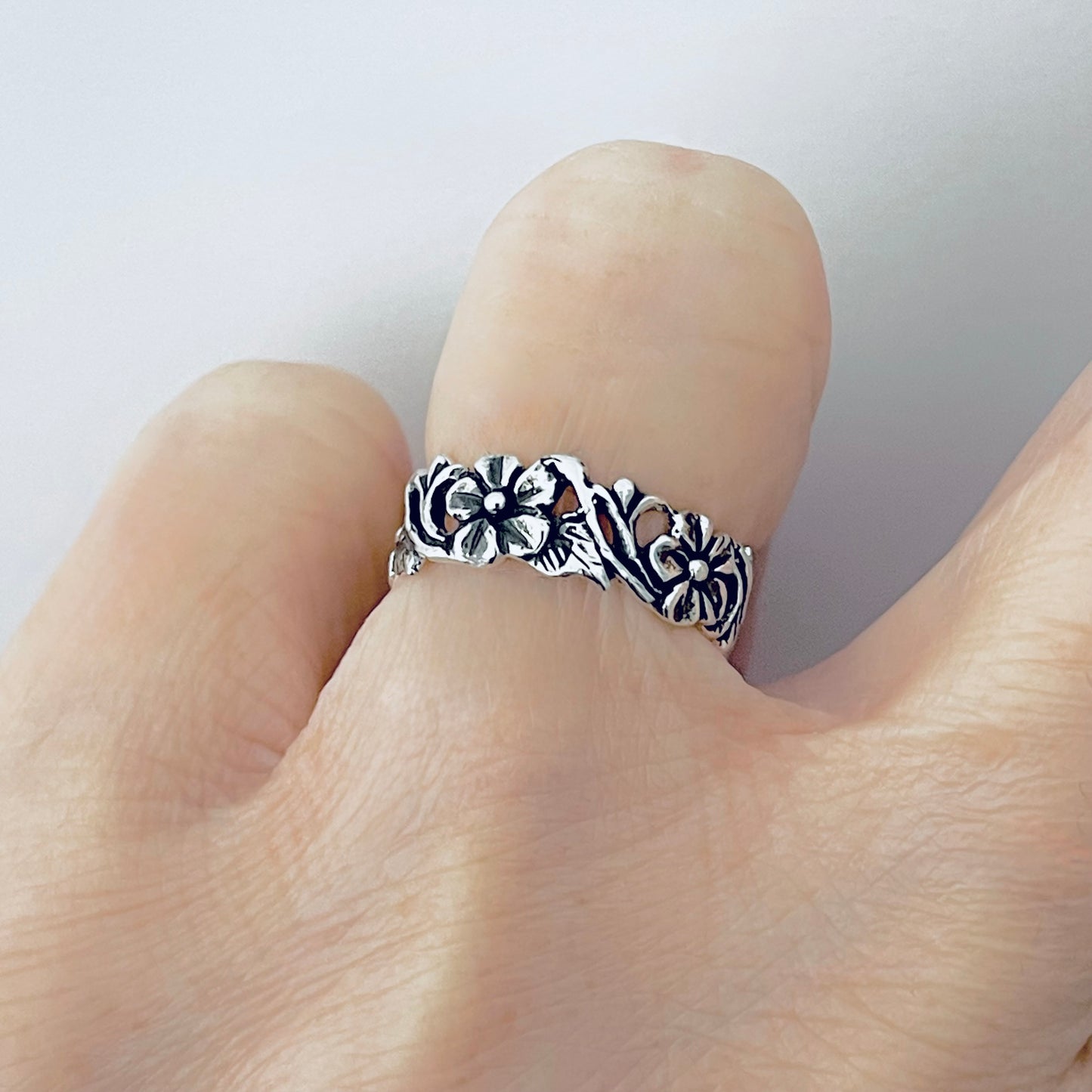 Sterling Silver Delicate Plumeria Flower and Leaf Band Ring, Hawaii Flowers, Silver Bands