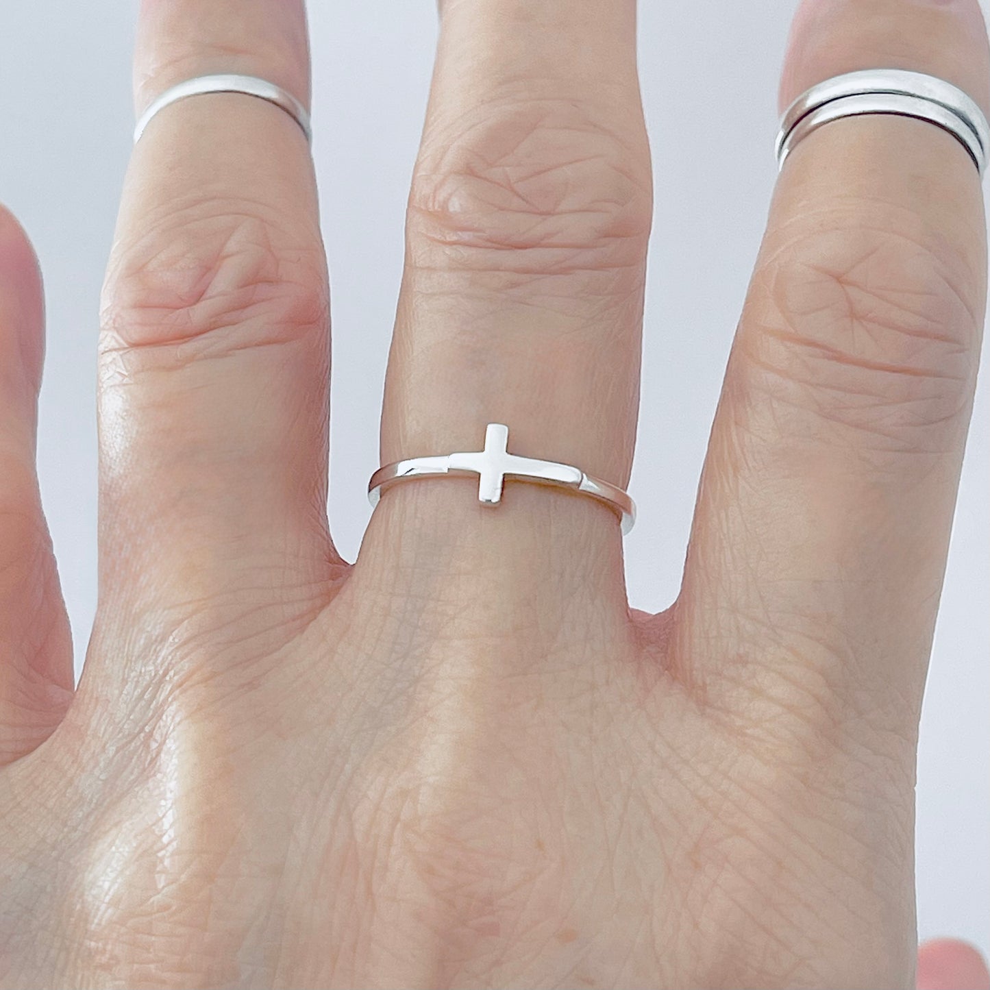 Sterling Silver Small High Polish Sideway Cross Ring, Minimalist Religious Jewelry